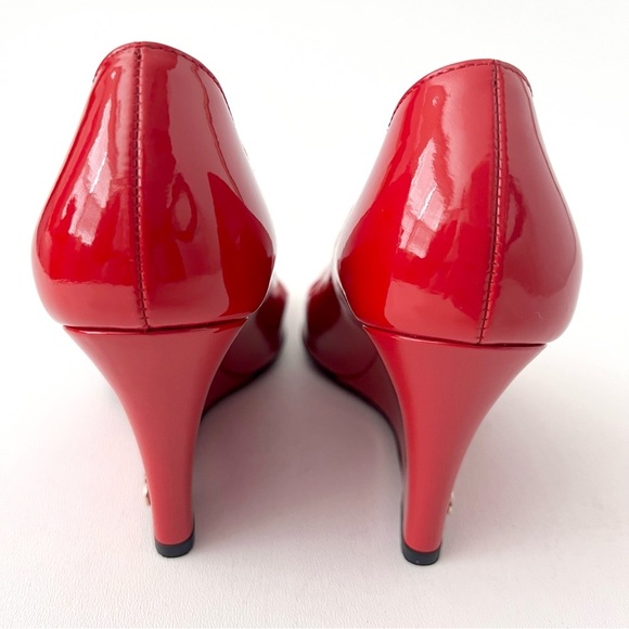 GUCCI | Red Patent Leather GG Logo Peep Toe Wedge Pumps Heels Shoes Size 6 US - Picture 6 of 15